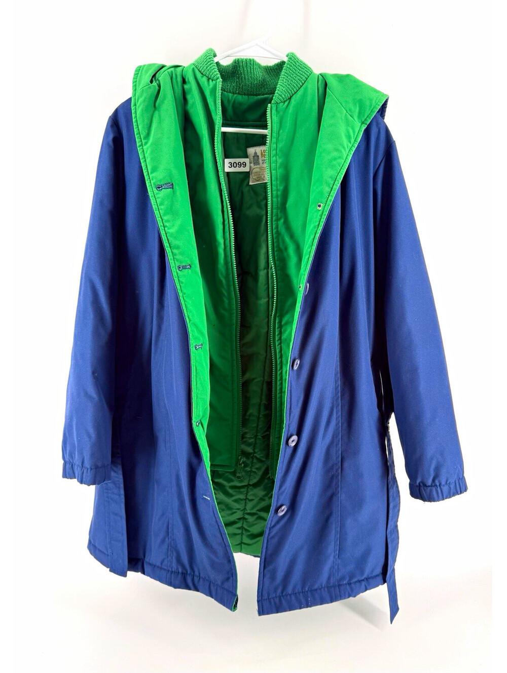 Vintage London Fog Women's 8 Reg Navy Green Hooded Belted Coat Zip-Out Liner